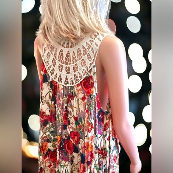 Vintage l Umgee Summer Mini Dress l Lace Back l Cream with Floral Print l L - Picture 6 of 9